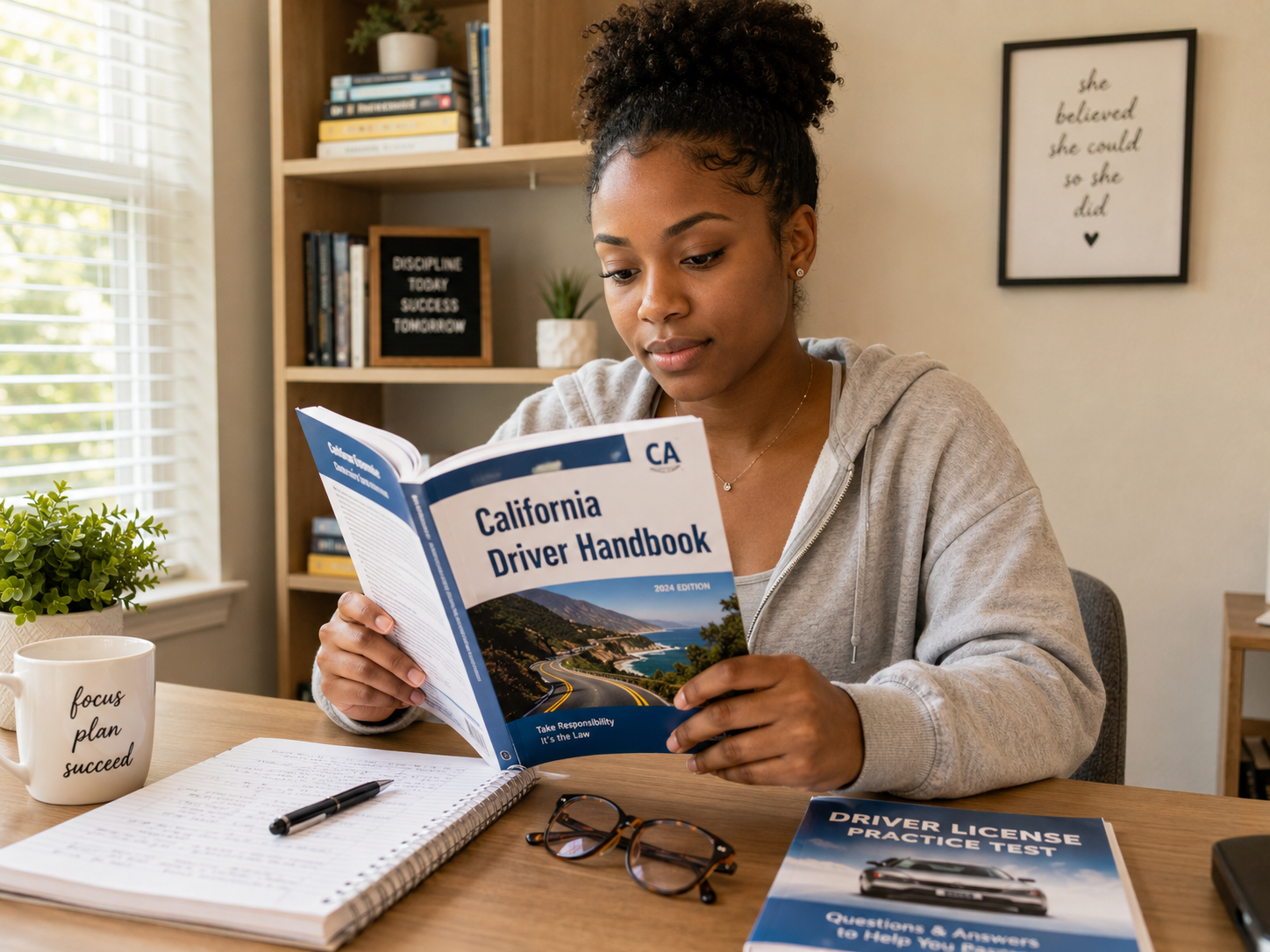 Adult studying the California Driver Handbook