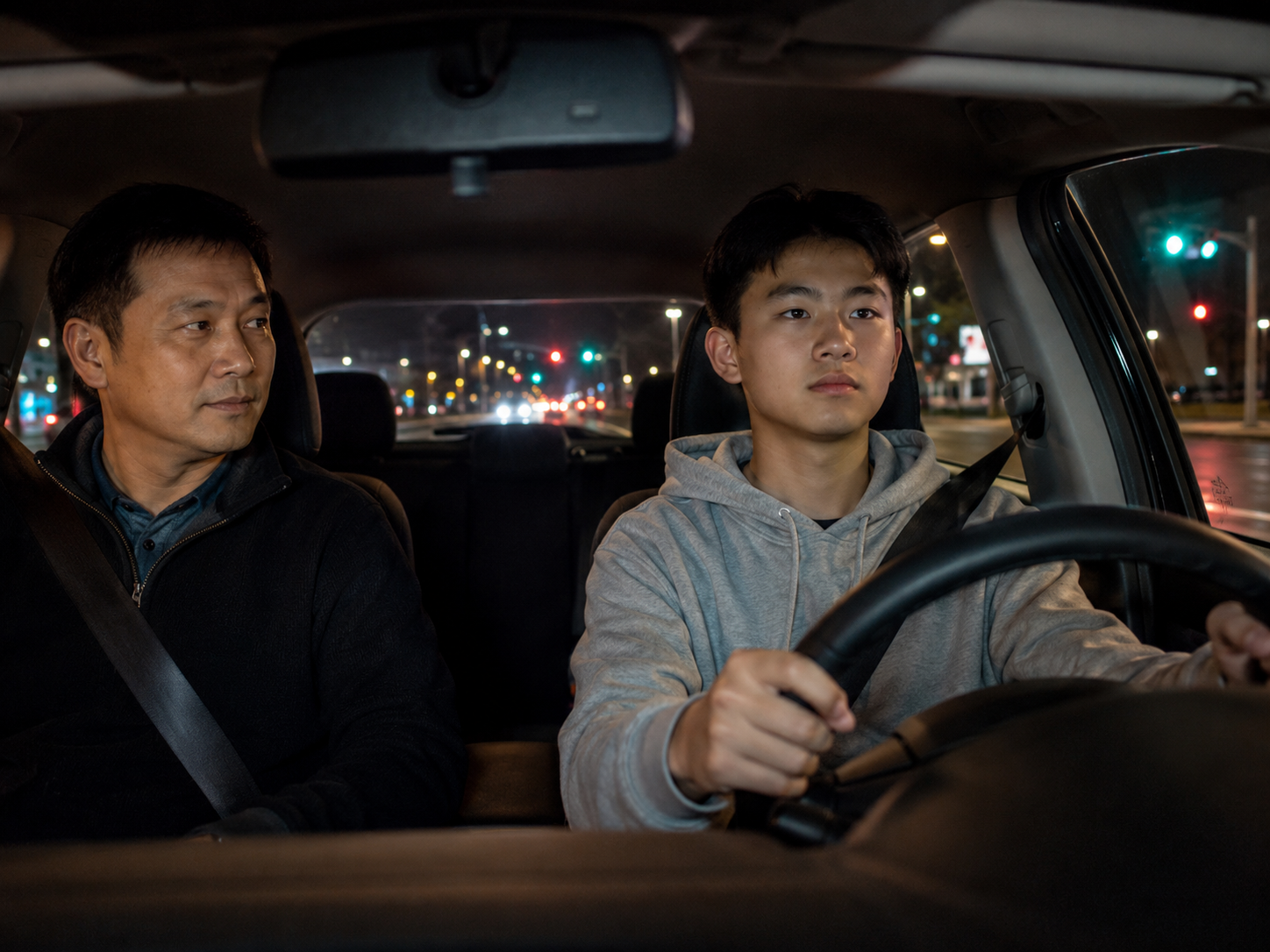 Parent and teen driving at night