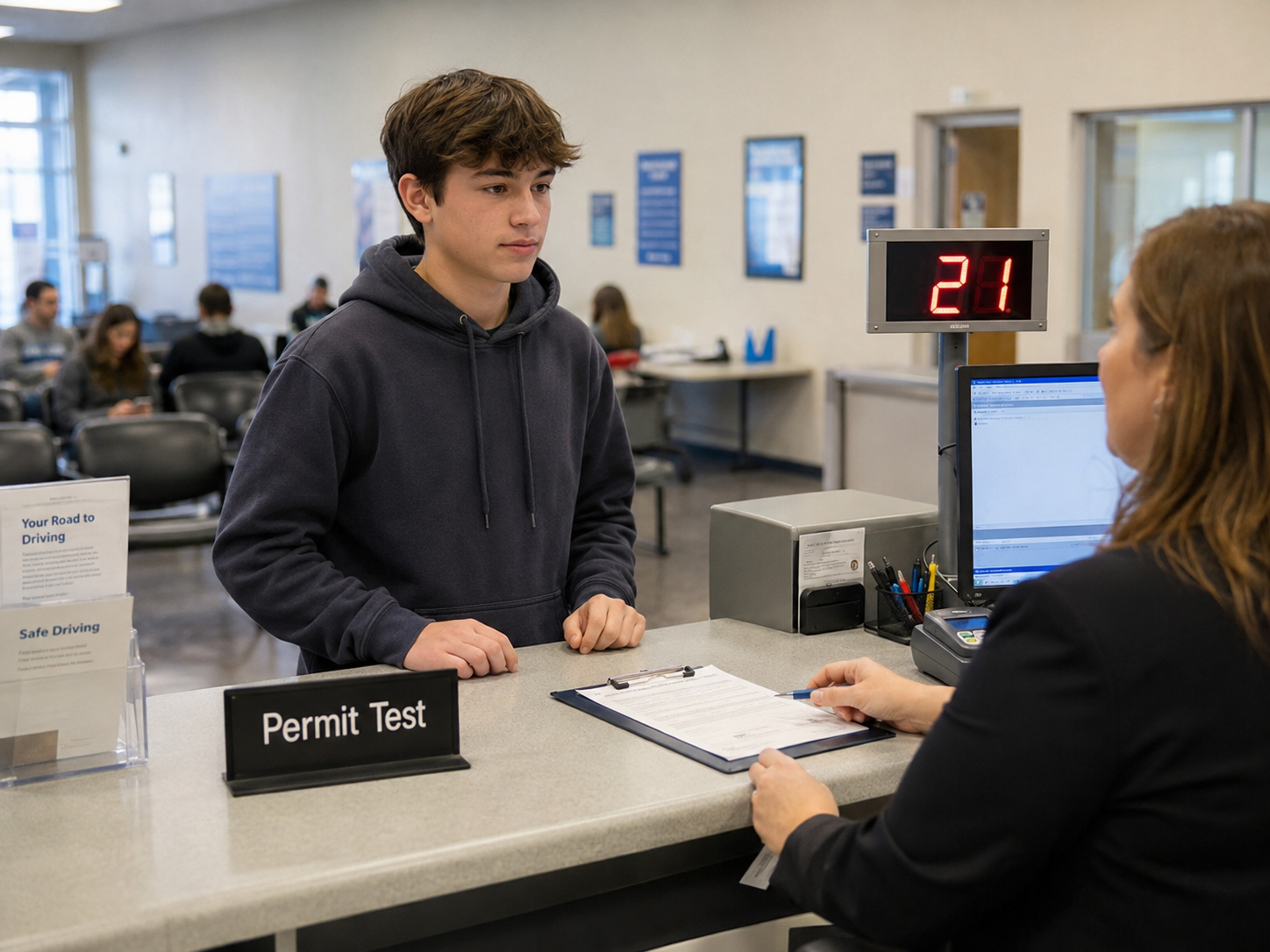 Teen at DMV for permit test
